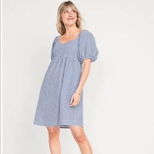 Old Navy Seersucker Blue Gingham Puff Sleeve Dress size XS TALL